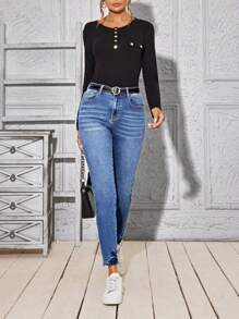 Jeans De Mezclilla Azul Oscuro Ajustados Al Cuerpo - Azul - Ver 5