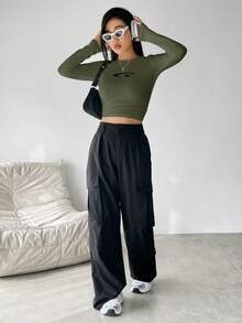 SHEIN Unity 長袖短版 T 卹 - 軍綠色 - 查看 5