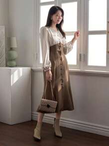 DAZY Color Block & Lantern Sleeve Elegant Dress,Fall Clothes - Brown - View 3
