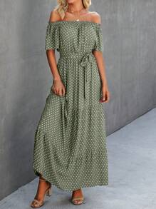 SHEIN Clasi Off-Shoulder Polka Dot Printed Short Sleeve Dress - Green - View 4