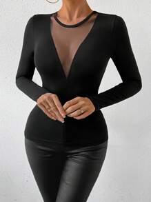 SHEIN PETITE Women's Contrast Mesh T-Shirt Fall Cloth For Women - Black - View 6