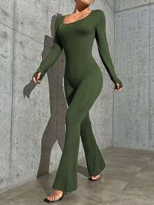 SHEIN Essnce Women'S Scoop Neck Solid Color Unitard Jumpsuit - Green - View 3