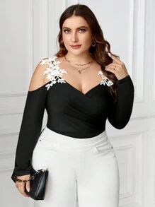 Celure Body Épaules Dénudées Taille Plus Brodé Fleuri À Patchwork Évidé