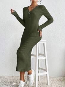 SHEIN Essnce Solid Color Ribbed Knit Dress - Olive Green - View 5