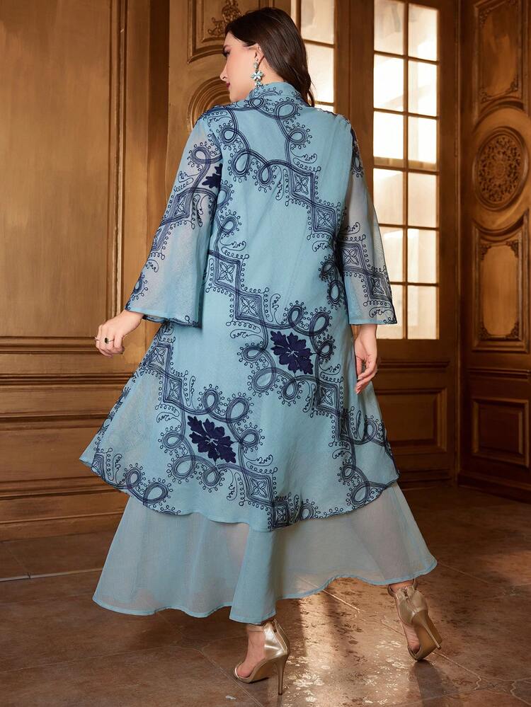Women'S Plus Size Lace Patchwork Notched Neckline High-Low Hem Dress Kaftan Jalabiya Dress