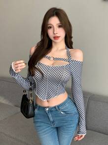 DAZY Women's Cold Shoulder Asymmetrical Hem Plaid T-Shirt