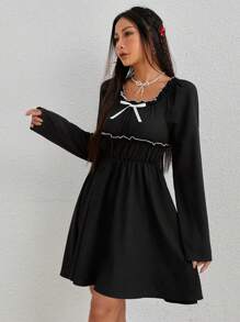 SHEIN MOD 女士拼色连衣裙，配网眼下摆和蝴蝶结装饰 - 黑色 - 查看 4