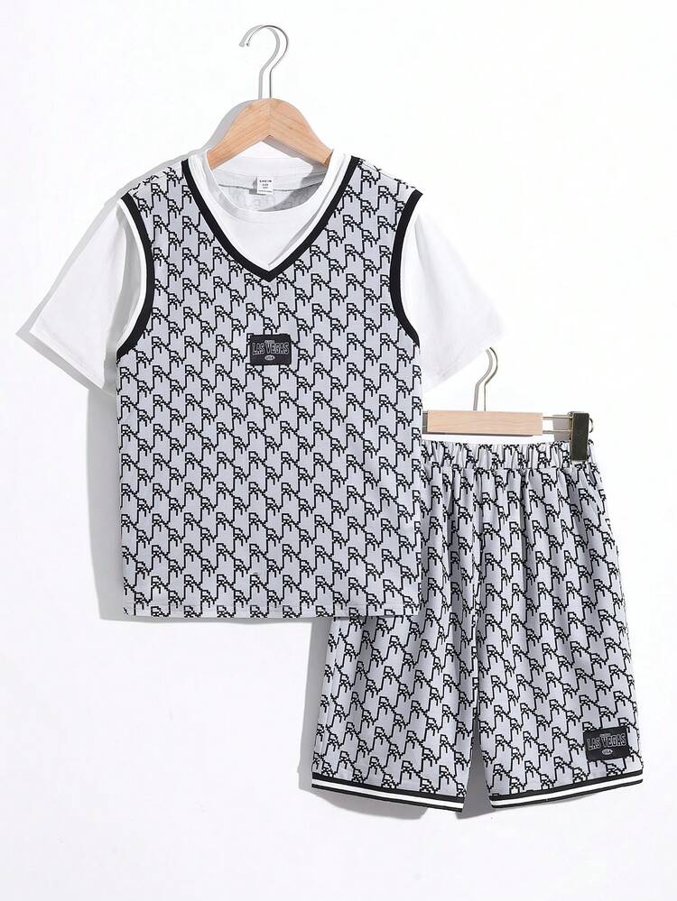 Tween Boys' Loose Fit Round Neck Printed 2 In 1 Short Sleeve T-Shirt And Shorts Set