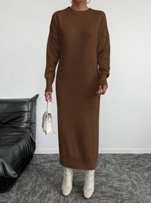EURMUSE Vestido De Suéter De Hombro Caído De Color Sólido Para Mujer - Marrón - Ver 3