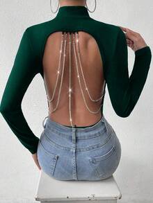 Allurite Của phụ nữ Không lưng Áo liền quần chặt Với Pha lê & Chuỗi kim loại Đồ trang trí - Màu xanh lá cây đậm - Xem 6