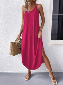 EARO Elegant European & American Style Casual Sleeveless Maxi Dress, Simple Solid Color Knit Tie-Waist Fitted Slim Dress, Comfortable For Daily Wear, Spring/Autumn - Hot Pink - View 1