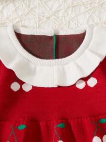 Baby Girls' Cherry Pattern Color Block Sweater Dress With Floral Hem - Red - View 4