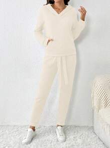 SHEIN Essnce 女士實色連帽上衣和褲子套裝 - 米色 - 查看 3