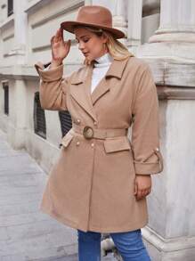 RueChic Plus Lapel Neck Double Breasted Belted Overcoat - Camel - View 1