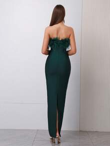 Modphy 性感露肩无袖仿羽毛露背绷带长裙，修身派对礼服，适合婚礼宾客、伴娘、圣诞节、生日派对等场合，优雅女士正式晚礼服，春季款 - 墨綠色 - 查看 2