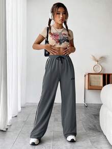 SHEIN Unity 條紋側抽繩腰慢跑褲 - 深灰色 - 查看 3