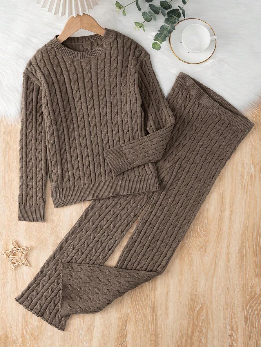 SHEIN 少女休閒粗織毛衣套裝 - 棕色 - 查看 1