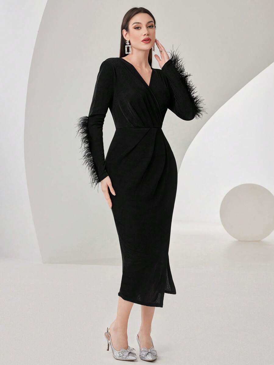 Modelyn 1pc Women's Solid Color V-Neck Patchwork Fuzzy Long Sleeve Ruched Fitted Elegant Dress Long Evening Dresses