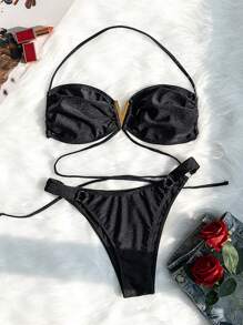 SHEIN Swim Ladies' Bikini Set With Ruched Chest And Halter Neck Summer Beach - Black - View 4