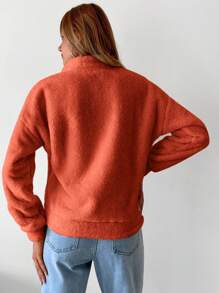 RueChic Half Zip Drop Shoulder Teddy Sweatshirt - Orange - View 2