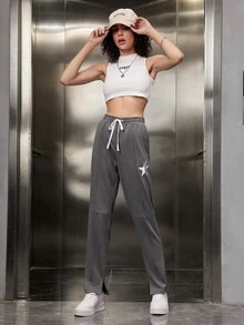 SWAVVY 1pc Men'S Drawstring Waist Knitted Casual Pants With Star And Letter Print - Grey - View 3