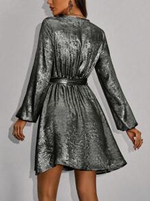 Zolique Deep V-Neck Waist-Belted Dress Fall Cloth For Women - Multicolor - View 2