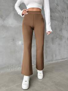 EURMUSE Solid Color High Waisted Flared Pants - Mocha Brown - View 5