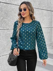 SHEIN LUNE Women'S Polka Dot Lantern Sleeve Shirt With Gold Foiling