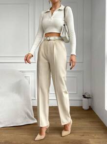 EURMUSE Women Patch Detailed Regular Pants - Beige - View 3