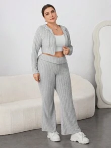 SHEIN Essnce 大尺碼純色連帽抽繩休閒兩件套 - 灰色 - 查看 6