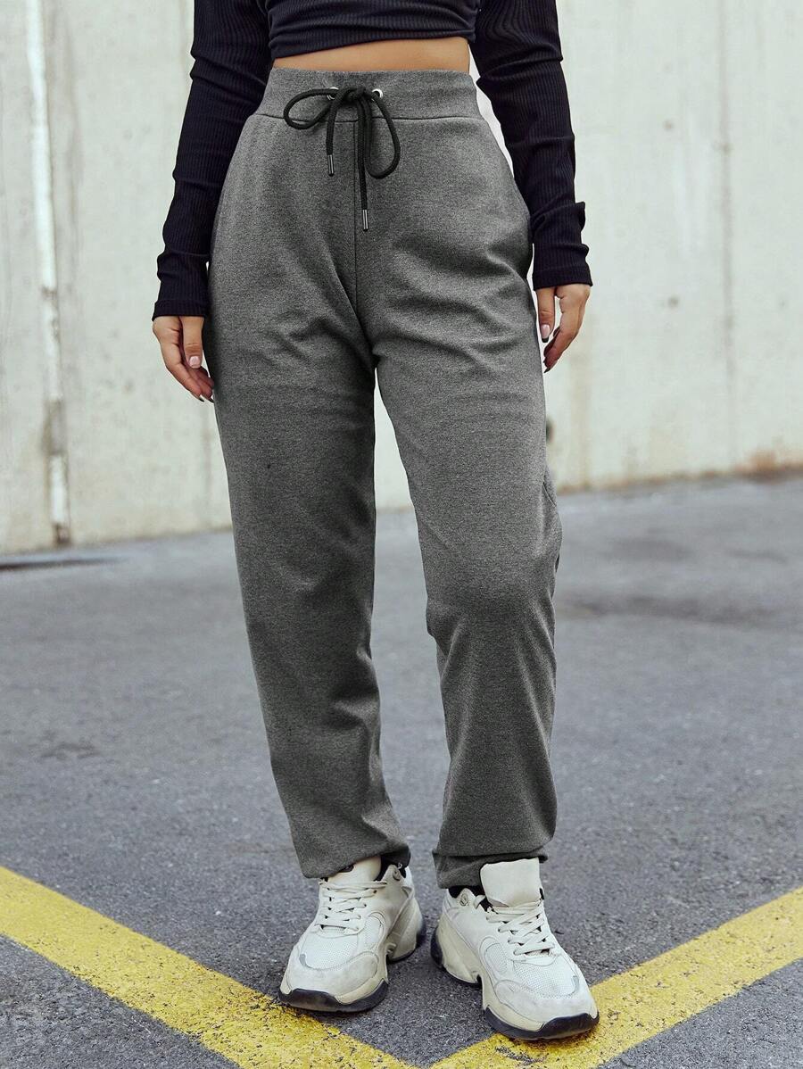 SHEIN Cottnline Drawstring Waist Solid Sweatpants - Grey - View 1