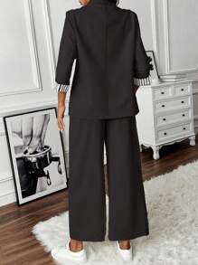 SHEIN Clasi Striped Contrast Rolled Cuff Blazer Set - Black - View 2