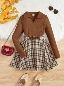 SHEIN Tween 女孩運動街頭風格針織純色 V 領長袖上衣搭配格紋迷你裙 - 鏽棕色 - 查看 1