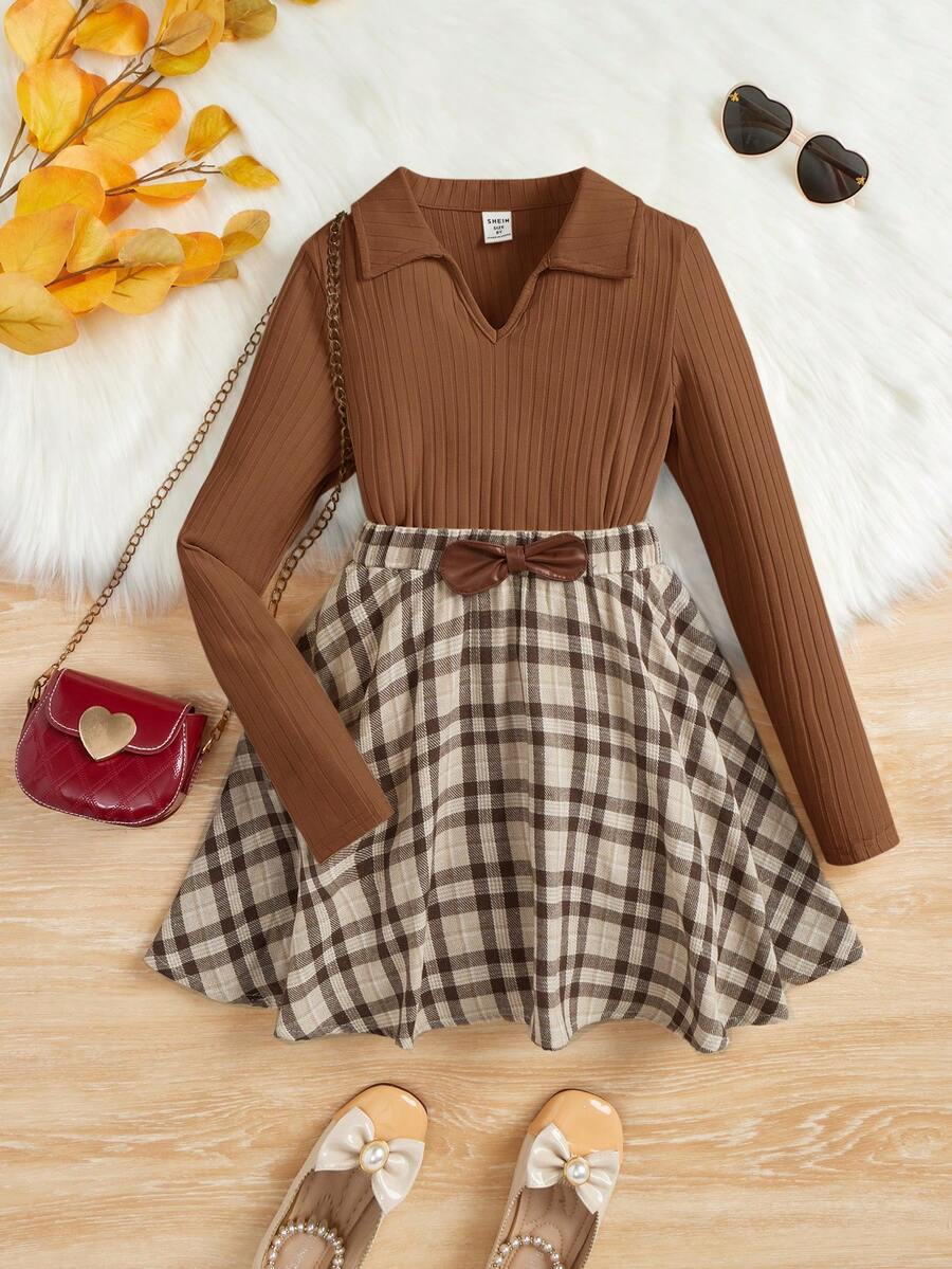 SHEIN Tween 女孩運動街頭風格針織純色 V 領長袖上衣搭配格紋迷你裙 - 鏽棕色 - 查看 1