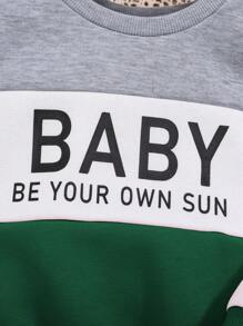 SHEIN Baby Girls' Casual Color Block Long Sleeve Sweatshirt And Pants Set - Green - View 6