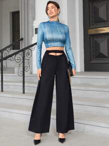 Chiquease Solid Hollow Out Wide Leg Pants Fall Cloth For Women - Black - View 3