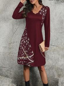 印花圖案長袖裙,帶有波浪邊的搖曳裝 - 酒紅色 - 查看 5