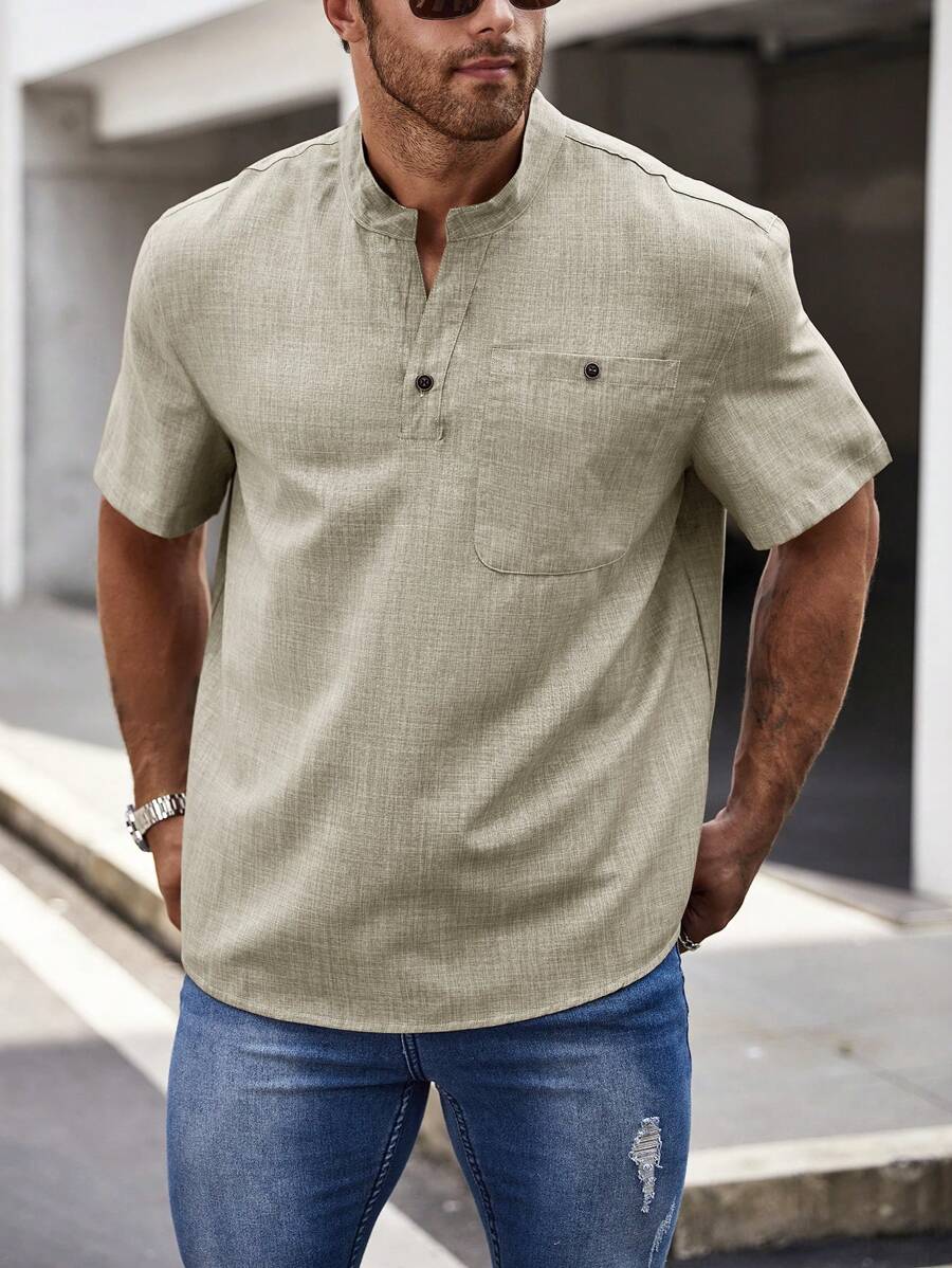 SHEIN Manfinity Homme Nam Kích thước lớn Màu thuần Cổ áo có khía Ngắn tay Giải trí Áo sơ mi - Màu be - Xem 1