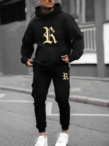 Manfinity LEGND 男士連帽衫和長褲套裝,帶有字母印花 - 黑色 - 查看 3
