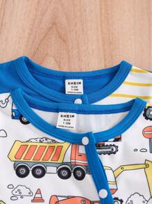 嬰兒和男童兩件式可愛有趣汽車挖掘機圖案長袖連體衣 - 彩色 - 查看 6