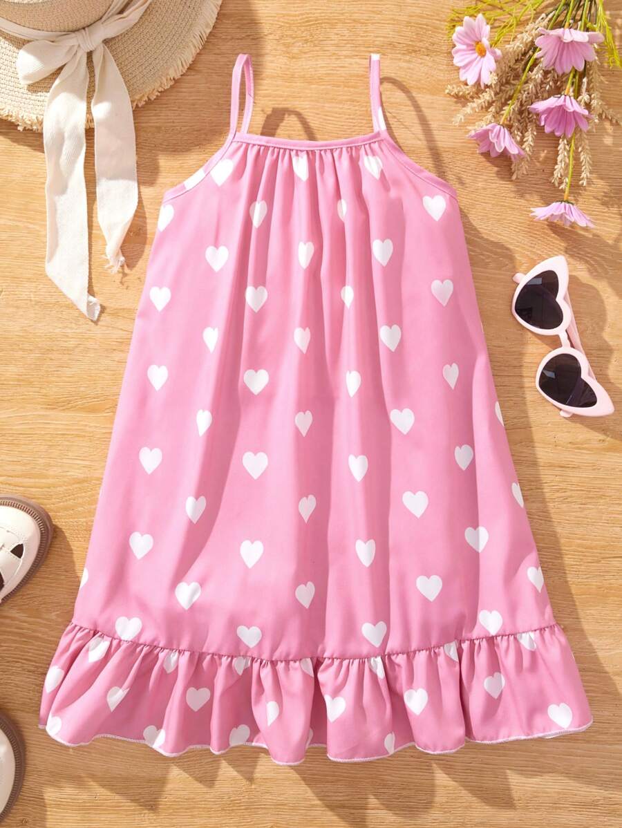 SHEIN Genkimix Kids Vestido De Tirantes Con Volantes Y Dobladillo Con Patrón De Corazón Para Niña - Rosa - Ver 1