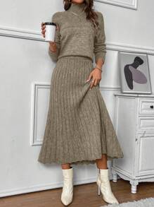 SHEIN LUNE Elegant Women's Raglan Long Sleeve Sweater And Knit Skirt Two Piece Set - Mocha Brown - View 4