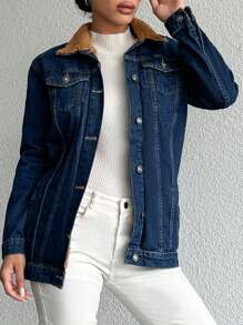 EURMUSE Ladies' Long-sleeved Fleece-lined Denim Jacket - Dark Wash - View 3