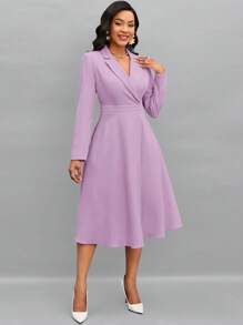 SHEIN Lady 女士纯色圆领长袖优雅办公休闲连衣裙，春/秋 - 淡紫色 - 查看 4