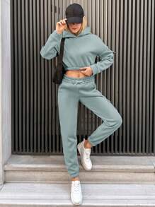 RueChic Letter Graphic Drop Shoulder Crop Hoodie & Sweatpants - Mint Blue - View 2