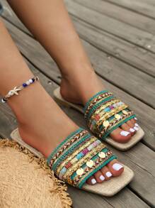 WRCVS Grüne Sommer Kette Stickerei Flat Sandalen, Boho Stil Perlen Urlaubs Party Pantoffeln, gewebte Slides ohne Verschluss