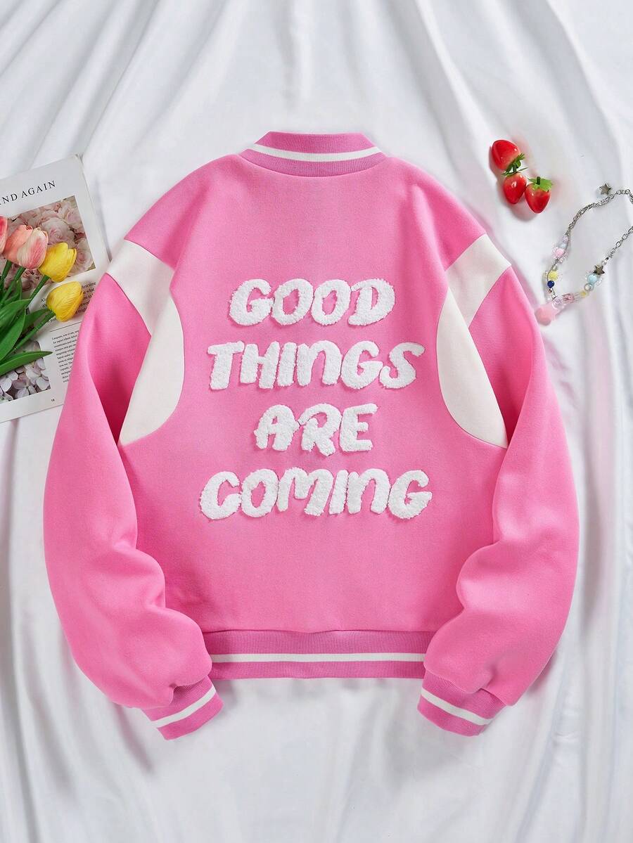 SHEIN EZwear Áo khoác sọc có gân & viền giữ nhiệt kiểu trường đại học có thêu khẩu hiệu cho nữ - Nhiều màu - Xem 1