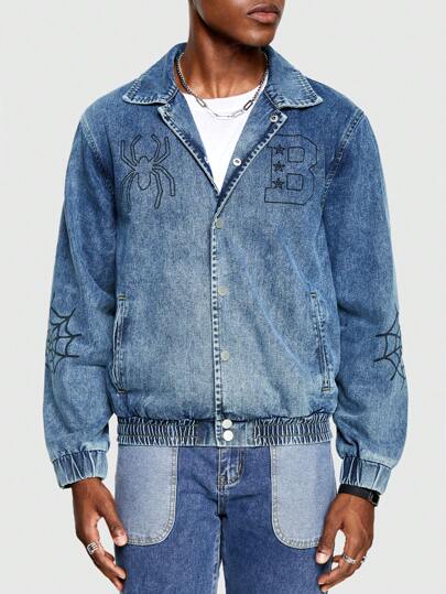 Street Life Giacca di jeans da uomo con stampa a ragnatela e lettera, per Ognissanti