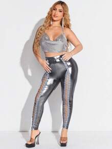 SHEIN SXY Women's Silver Coated Strap Underlayer Leggings - Silver - View 5