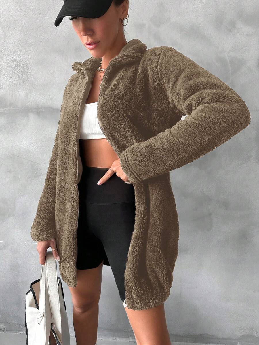 RueChic Solid Zipper Front Teddy Jacket - Brown - View 1